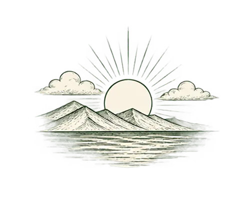 Sun rising or setting behind two mountains with rays extending upward and two clouds in the sky above a body of water.