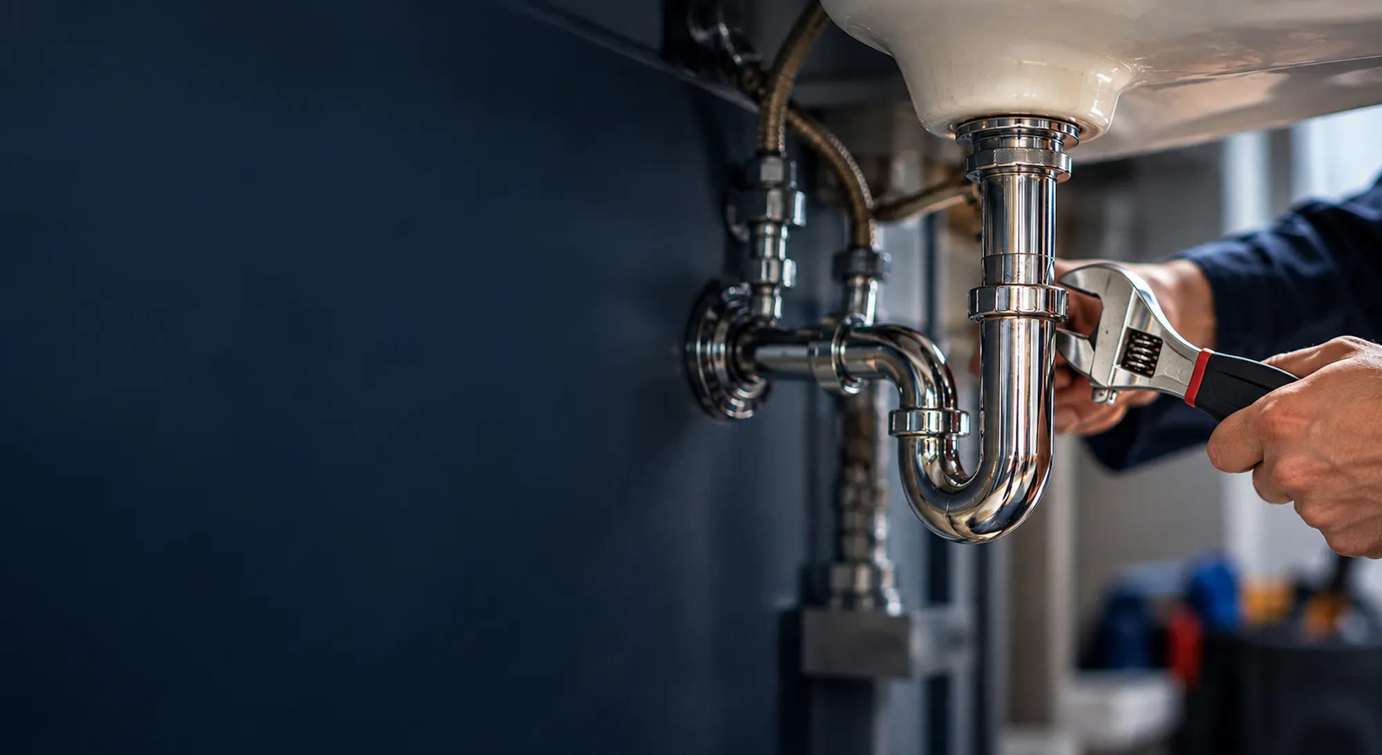 Plumber tightening a chrome sink drain pipe with a wrench