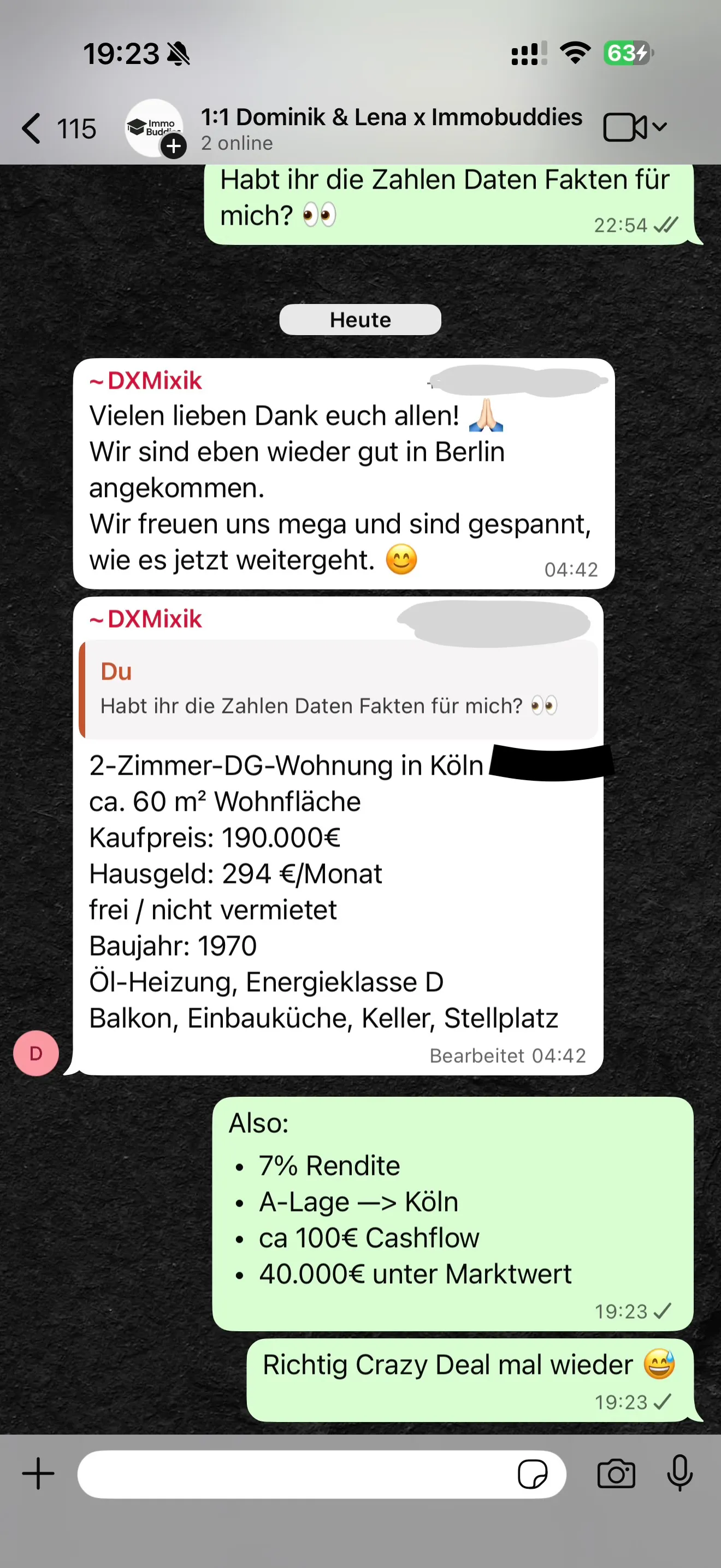 WhatsApp-Chat eines Teilnehmers: 2-Zimmer-Wohnung in Köln mit 7 % Rendite, 40.000 € unter Marktwert gekauft