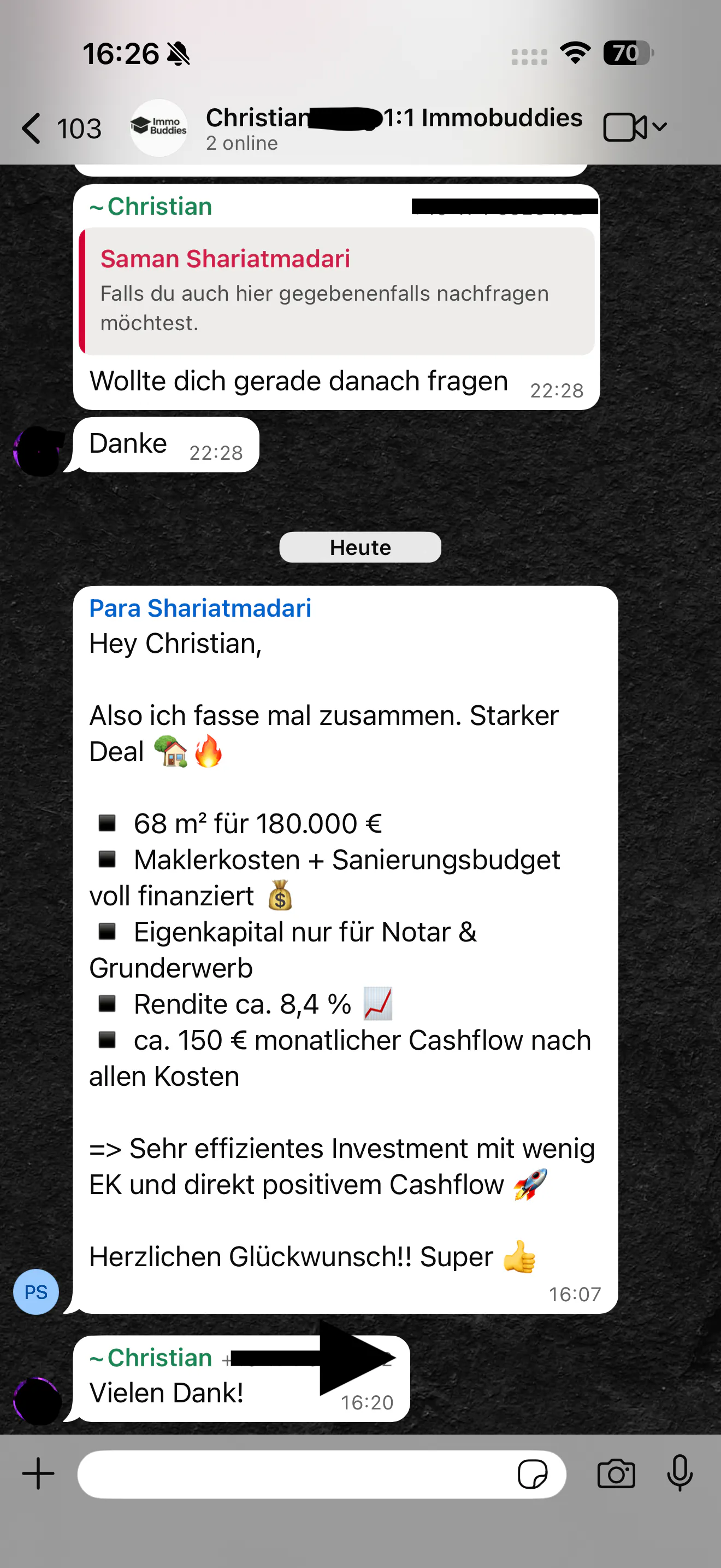 Wohnung mit 68 m² für 180.000 € gekauft, 8,4 % Rendite und 150 € Cashflow im Monat