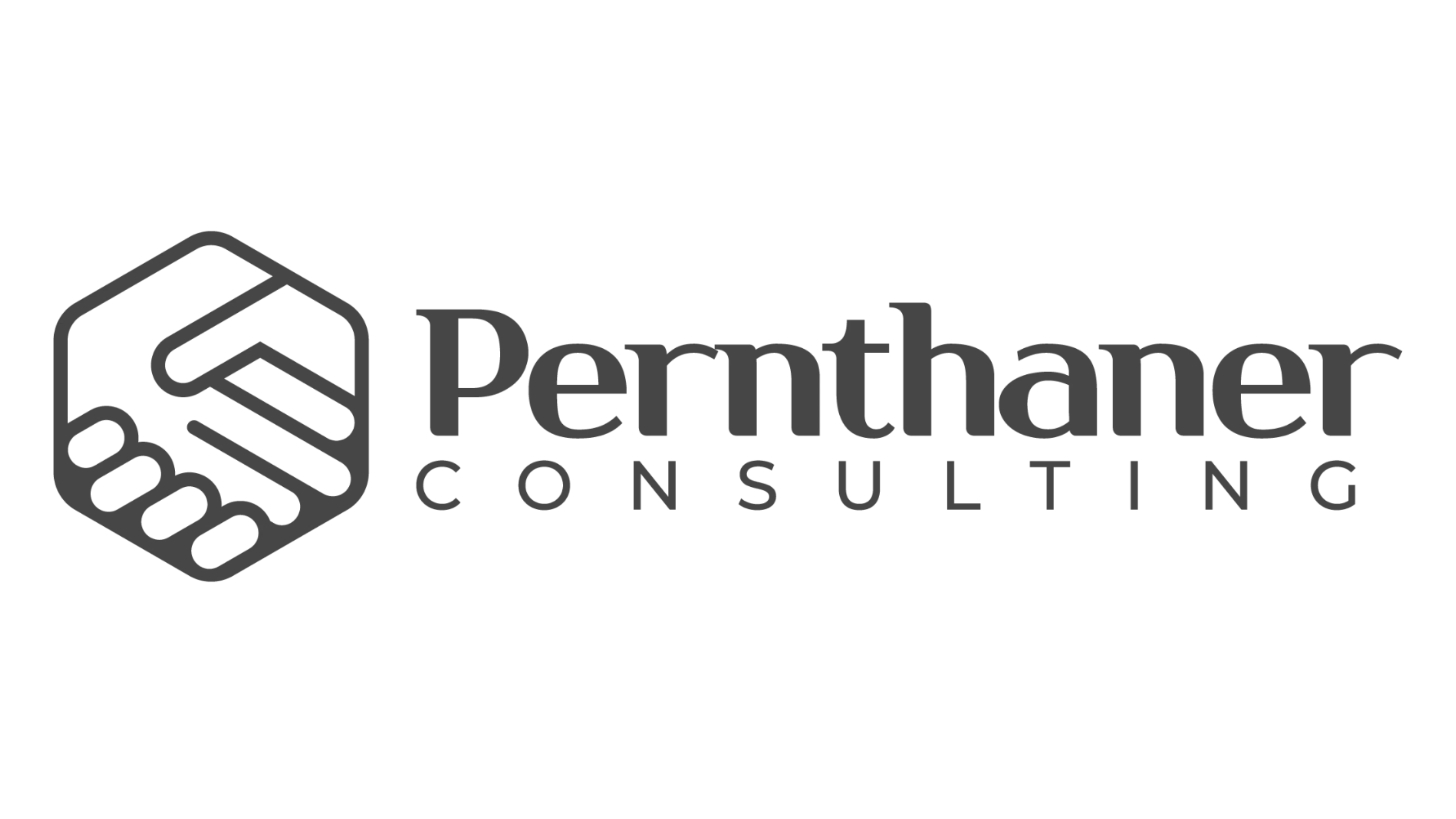 Logo mit stilisierter Hand im Hexagon und dem Text "Pernthaner Consulting" in Grau.