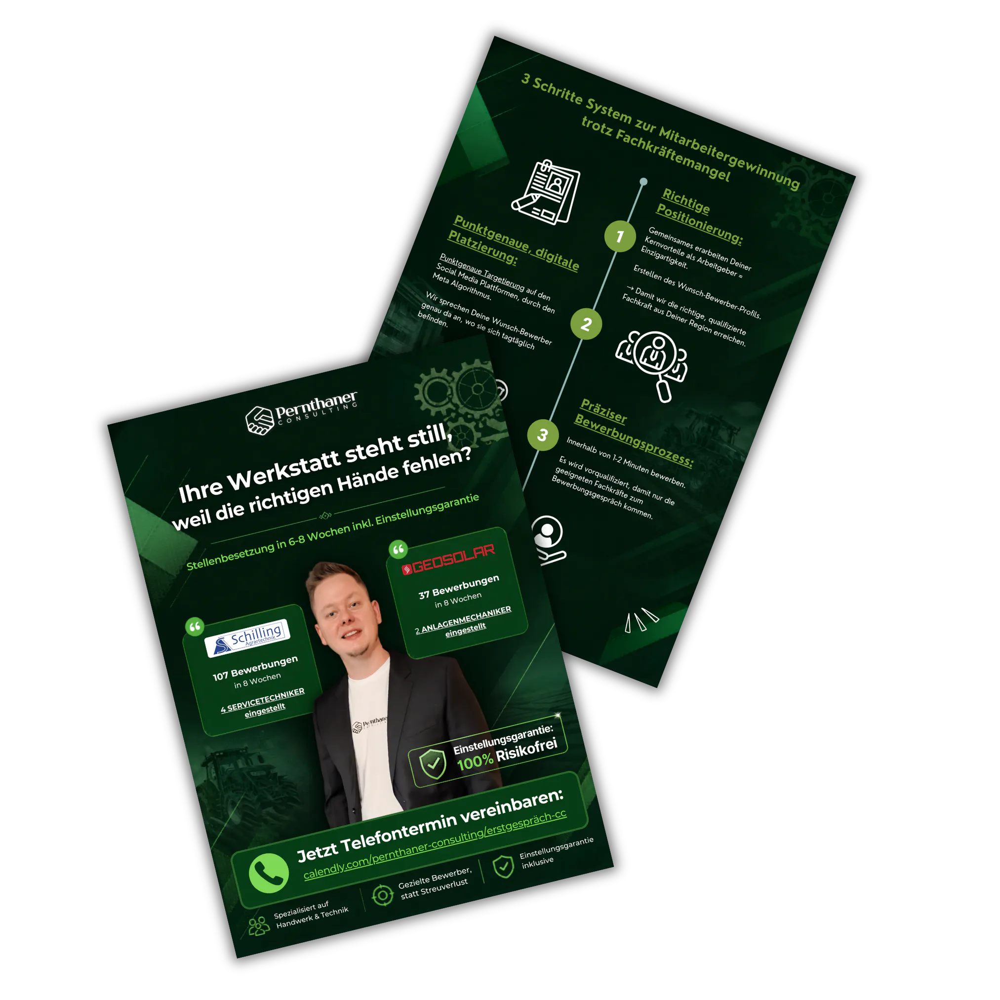 Flyer von Pernthaner Consulting mit Angebot zur Mitarbeitergewinnung, Kontaktlink für Telefontermin, Erfolgszahlen und 3-Schritte-System für digitale Platzierung, Positionierung und Bewerbungsprozess.