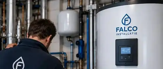 Falco-installateur bij een buffervat met Falco-logo