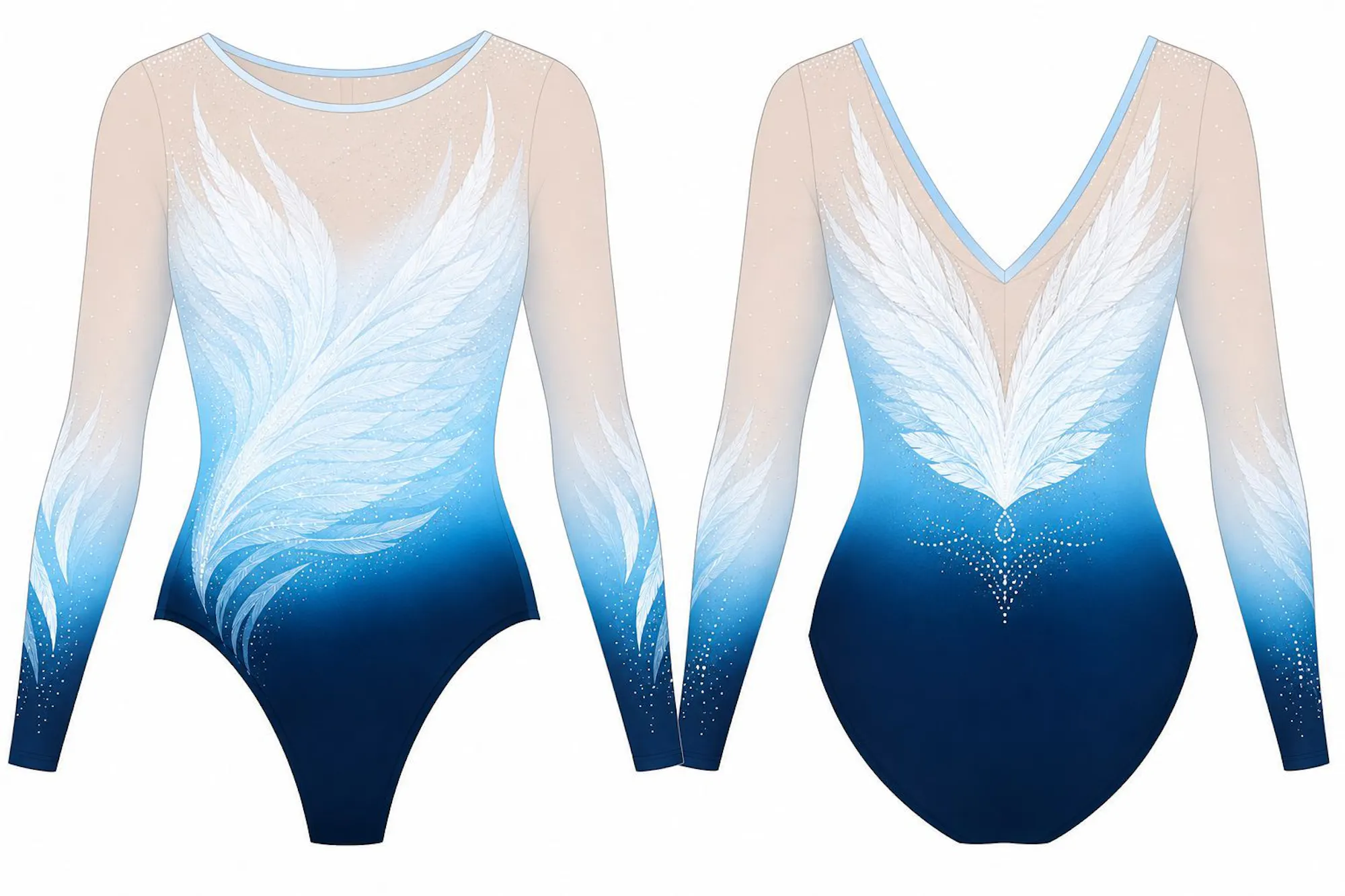 Swan Academy long-sleeved competition leotard, front and back