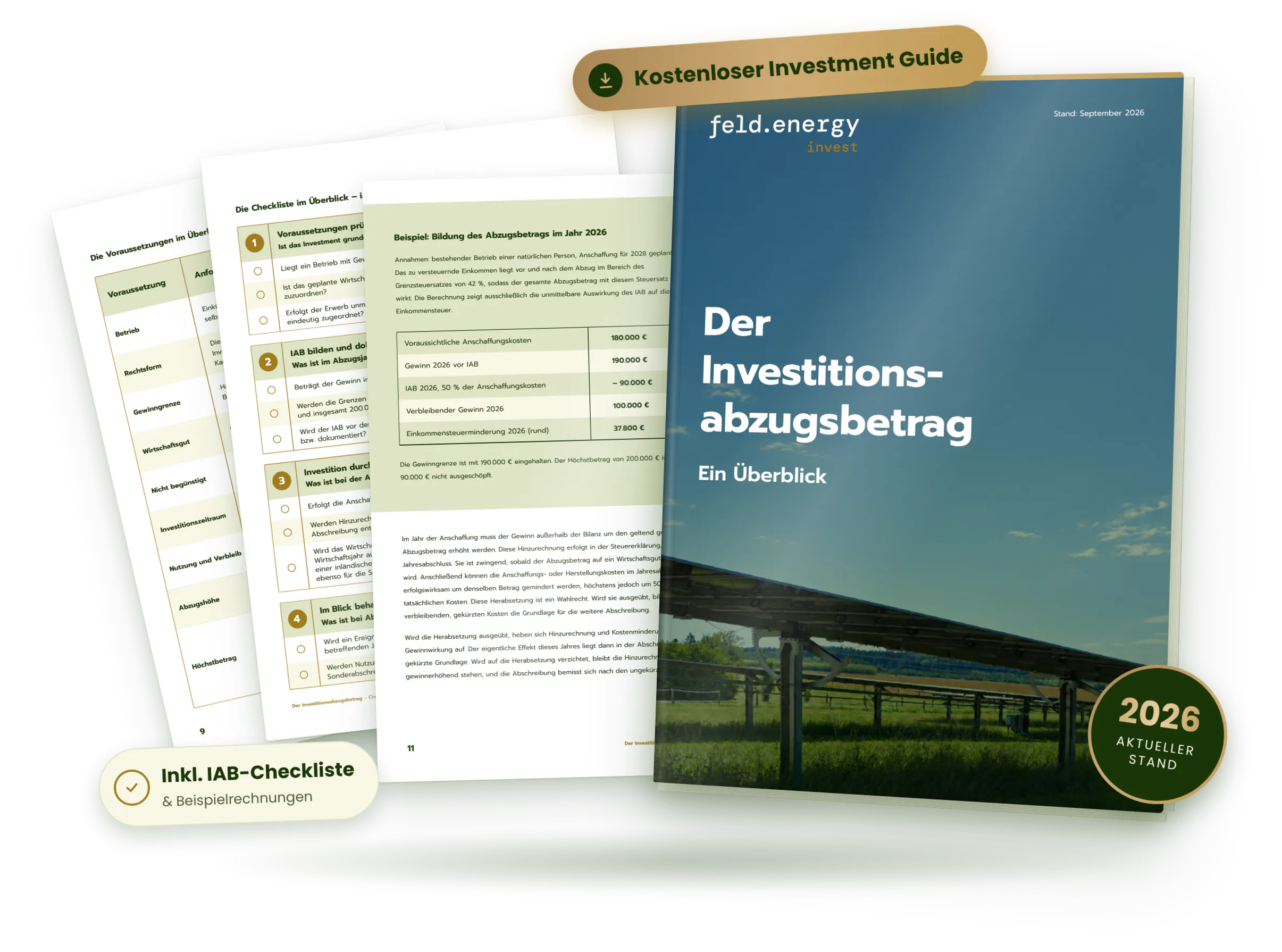 Kostenloser Investment Guide von Feld Energy Invest: Der Investitionsabzugsbetrag – Cover und Innenseiten mit IAB-Checkliste und Beispielrechnungen