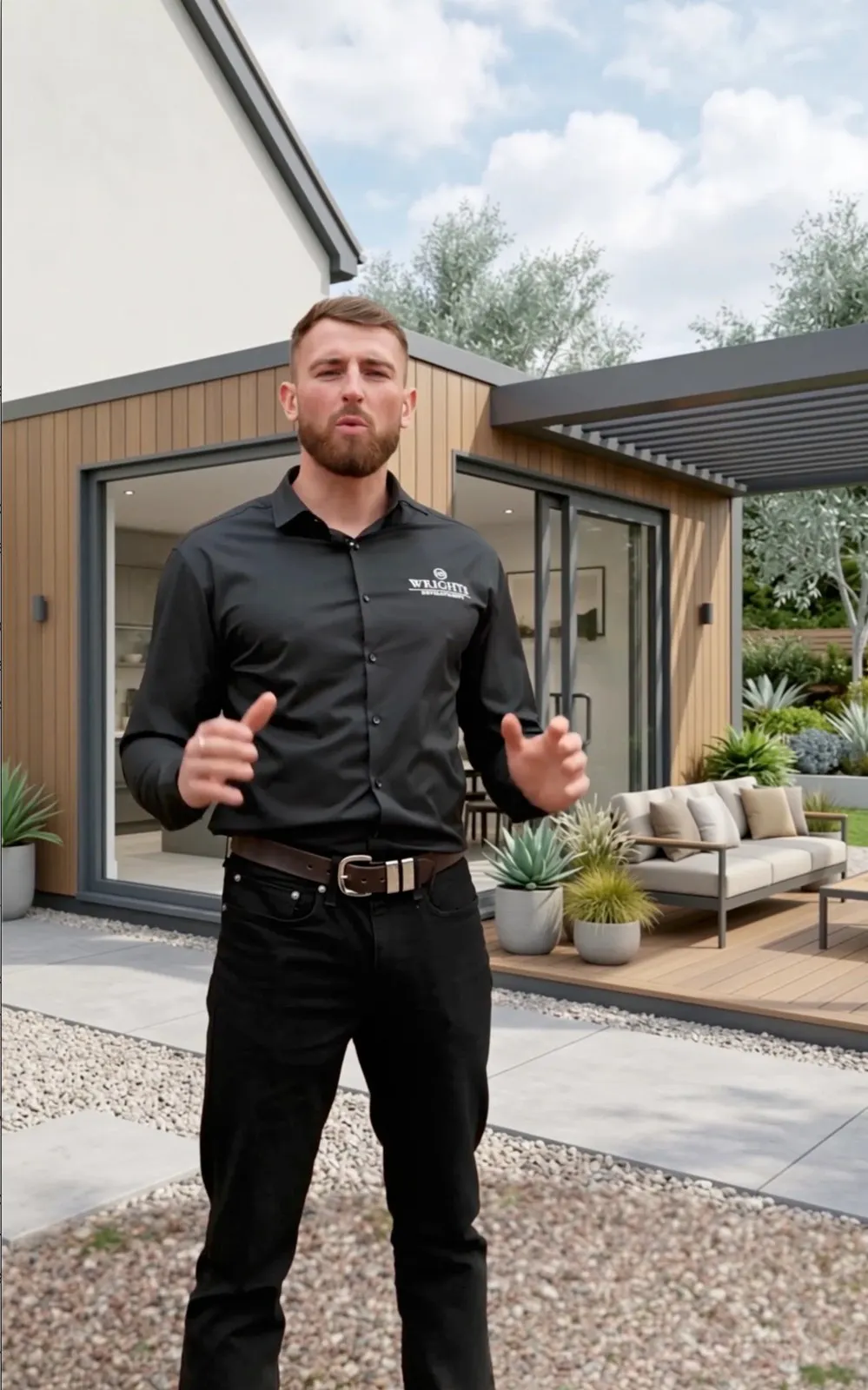 Man in a black shirt and pants standing on a stone pathway in front of a modern wooden house extension with glass doors and outdoor seating area with plants.