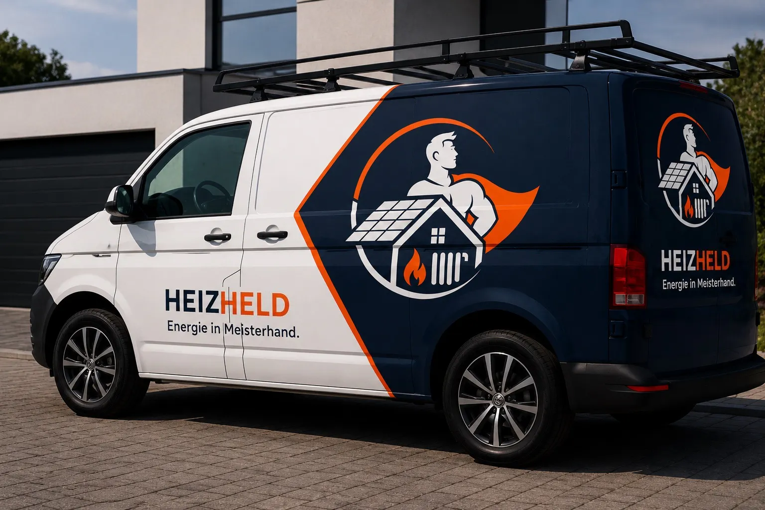 Weißer und dunkelblauer Firmenwagen mit orange-blauem Logo eines Mannes mit Haus und Solarpanel, dazu Schriftzug "HEIZHELD Energie in Meisterhand." auf geparktem Pflastersteinweg.