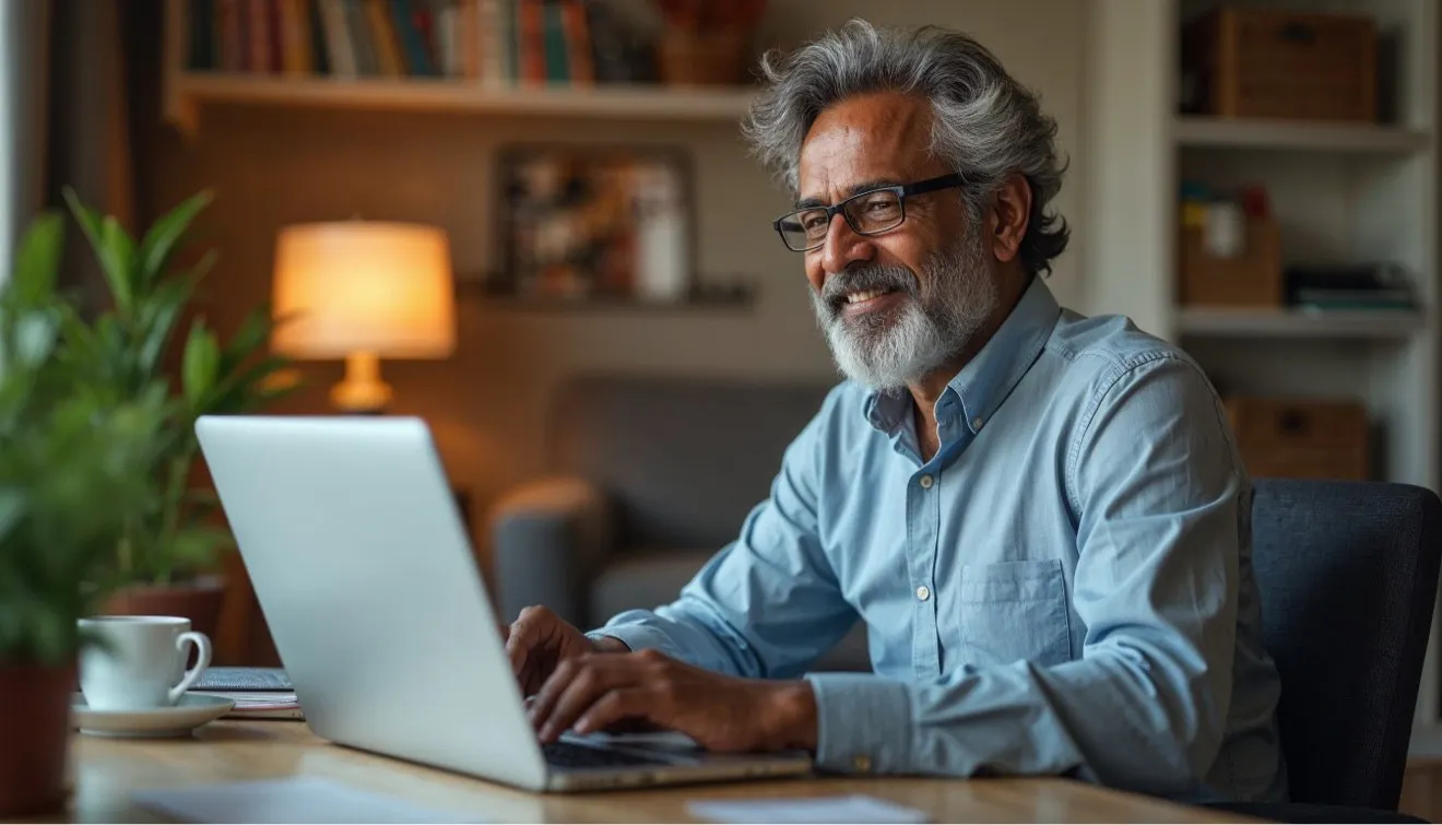 Smiling retiree checking his account on a laptop
