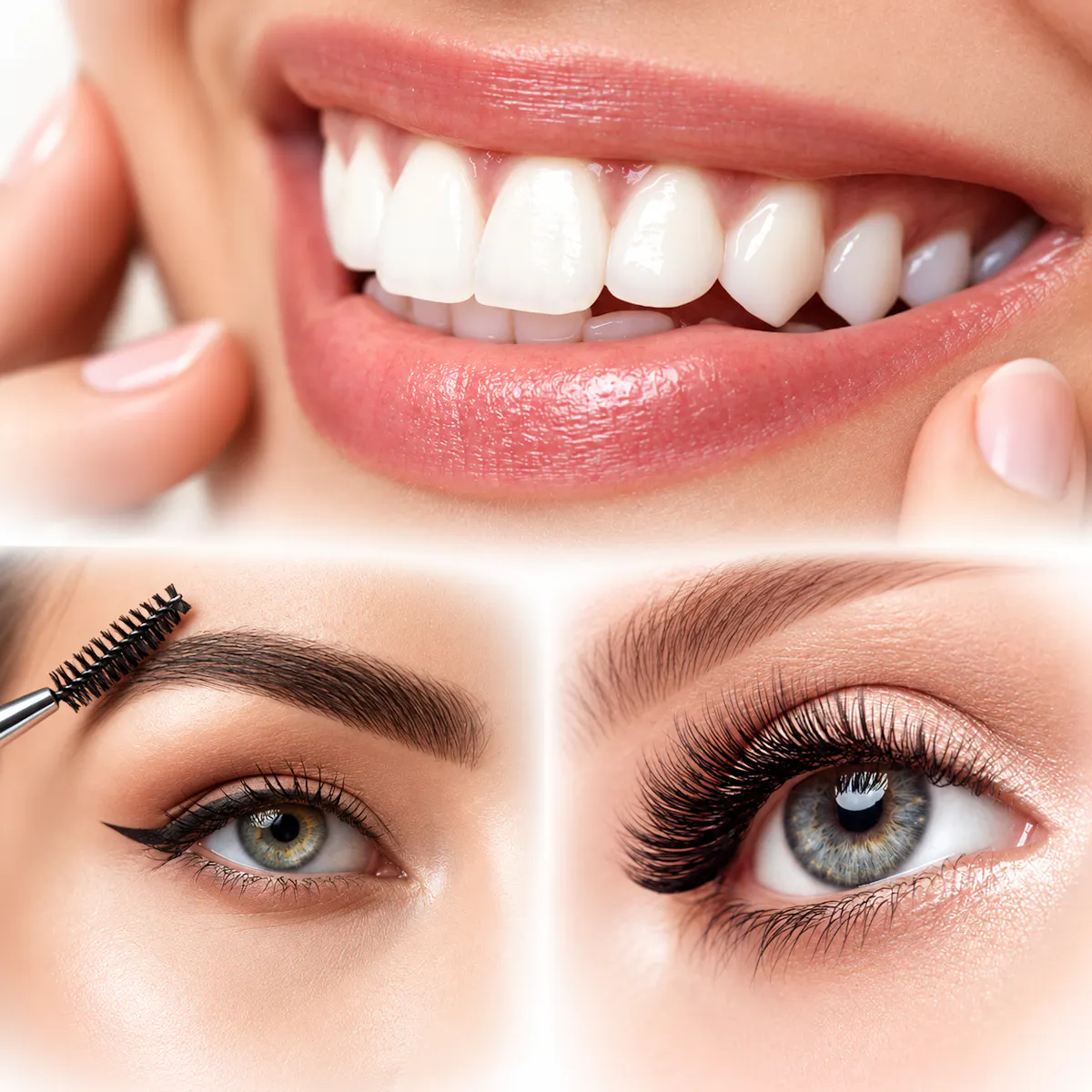 Collage: strahlendes Lächeln mit weißen Zähnen, geformte Augenbraue und voluminöse Wimpern