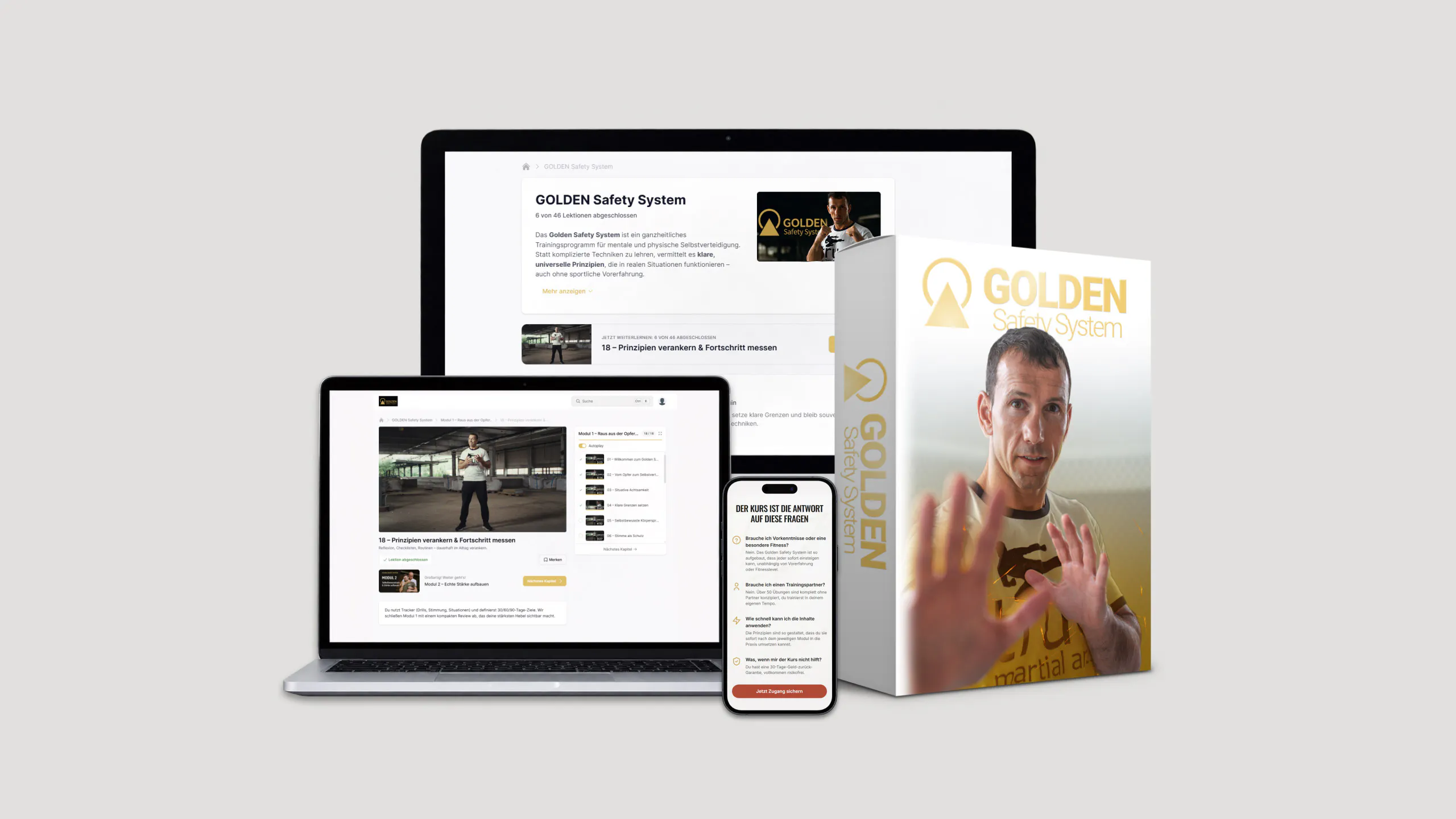 Laptop, tablet, and smartphone displaying the GOLDEN Safety System training program in German, alongside a product box featuring a man in a martial arts stance.