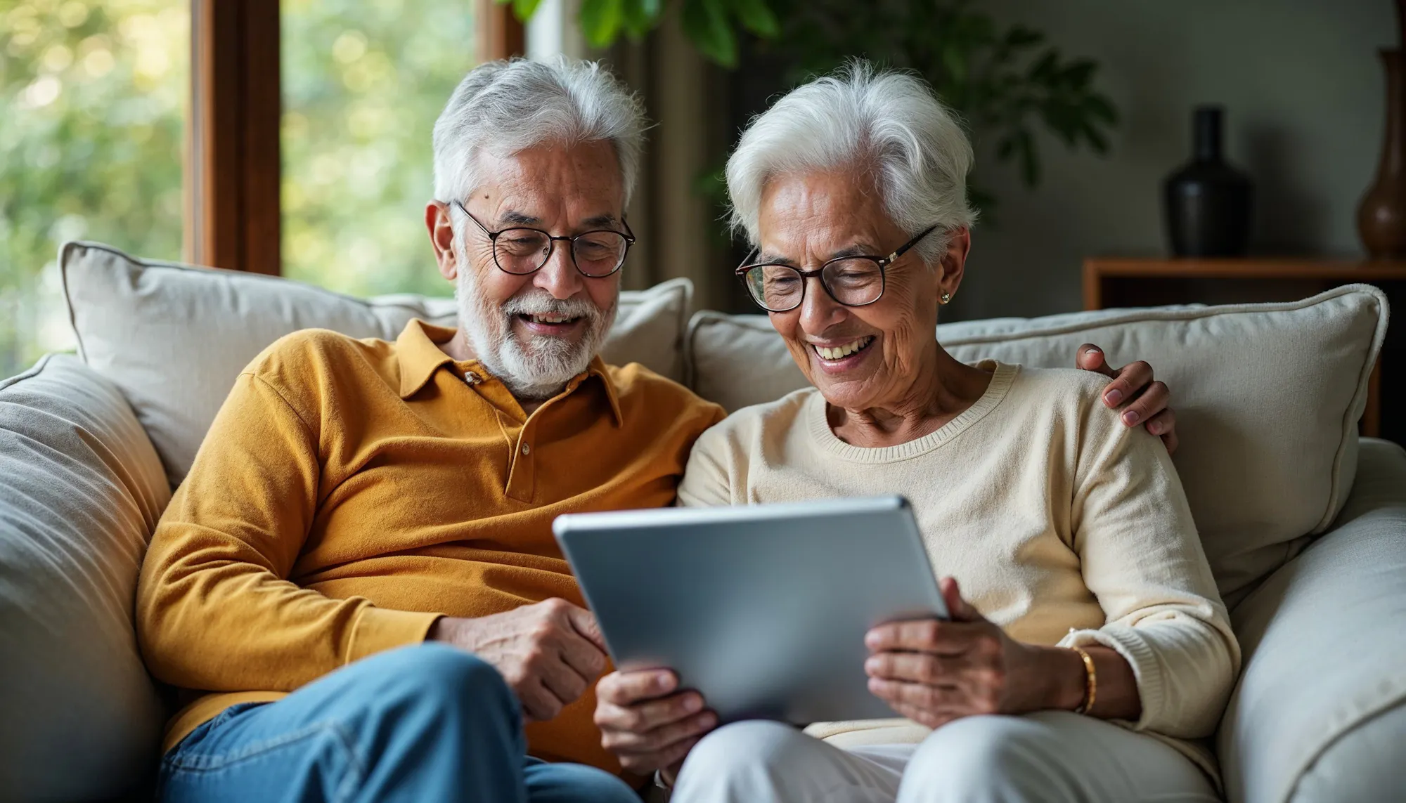 Smiling retired couple looking at a tablet on the couch