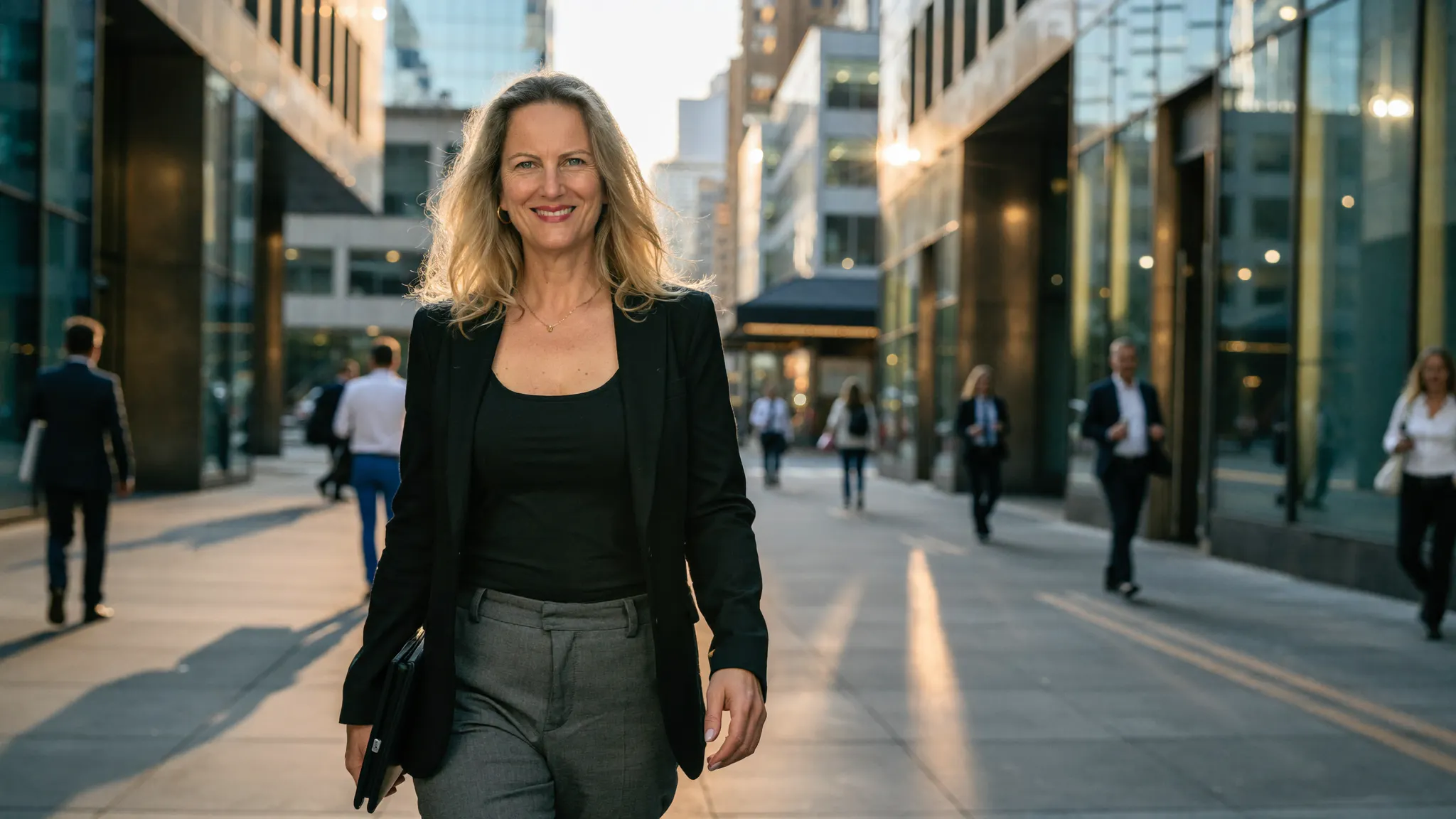 Frau in schwarzem Blazer und grauer Hose geht in einem belebten Geschäftsviertel, Gebäude spiegeln Sonnenlicht, mehrere Menschen im Hintergrund.
