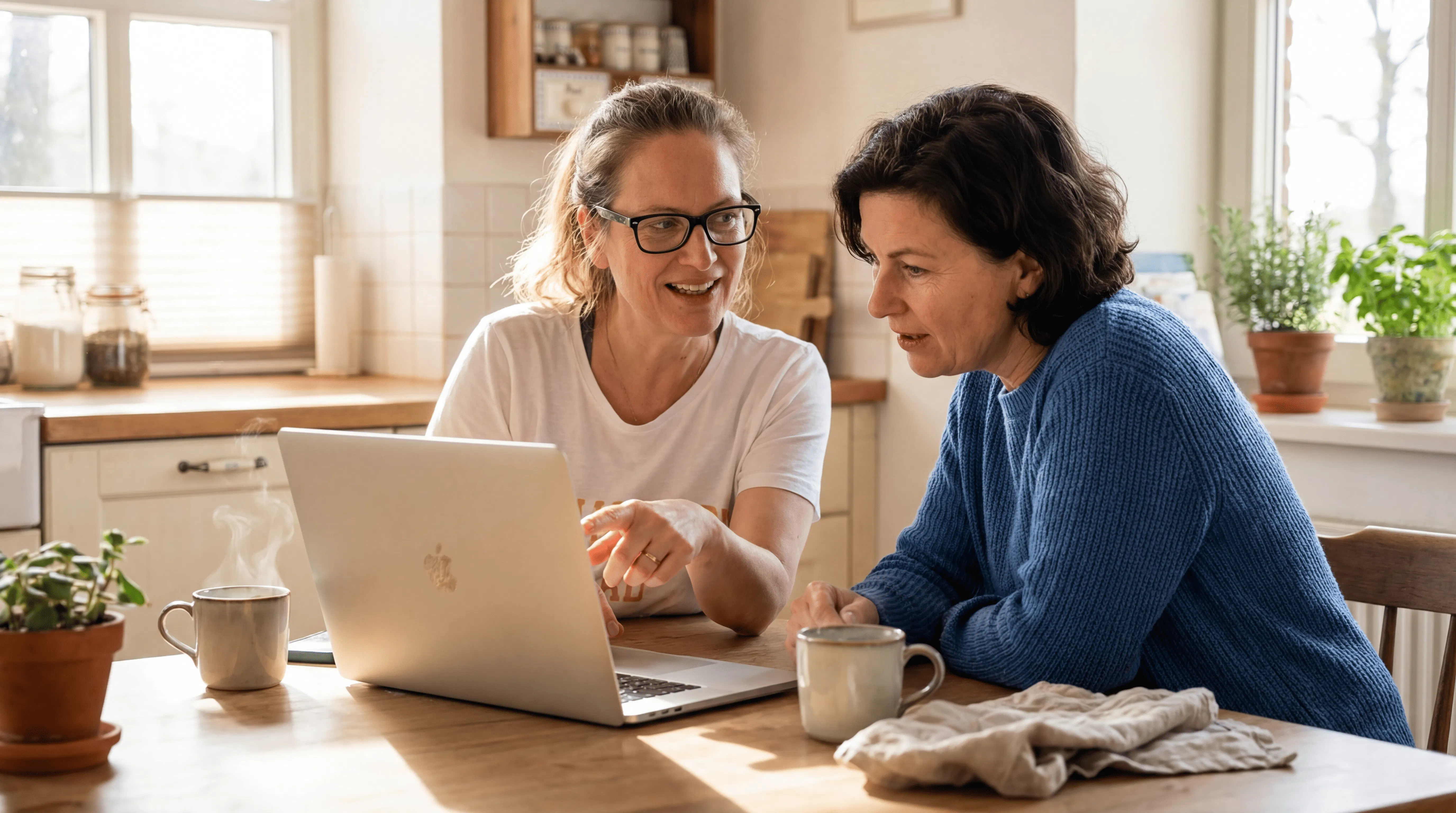 Zwei Frauen sitzen am Küchentisch, eine zeigt auf den Laptop-Bildschirm, während die andere aufmerksam schaut, auf dem Tisch zwei dampfende Tassen und eine Pflanze.