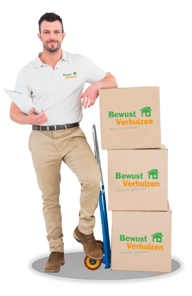Verhuizer met klembord naast drie Bewust Verhuizen-dozen