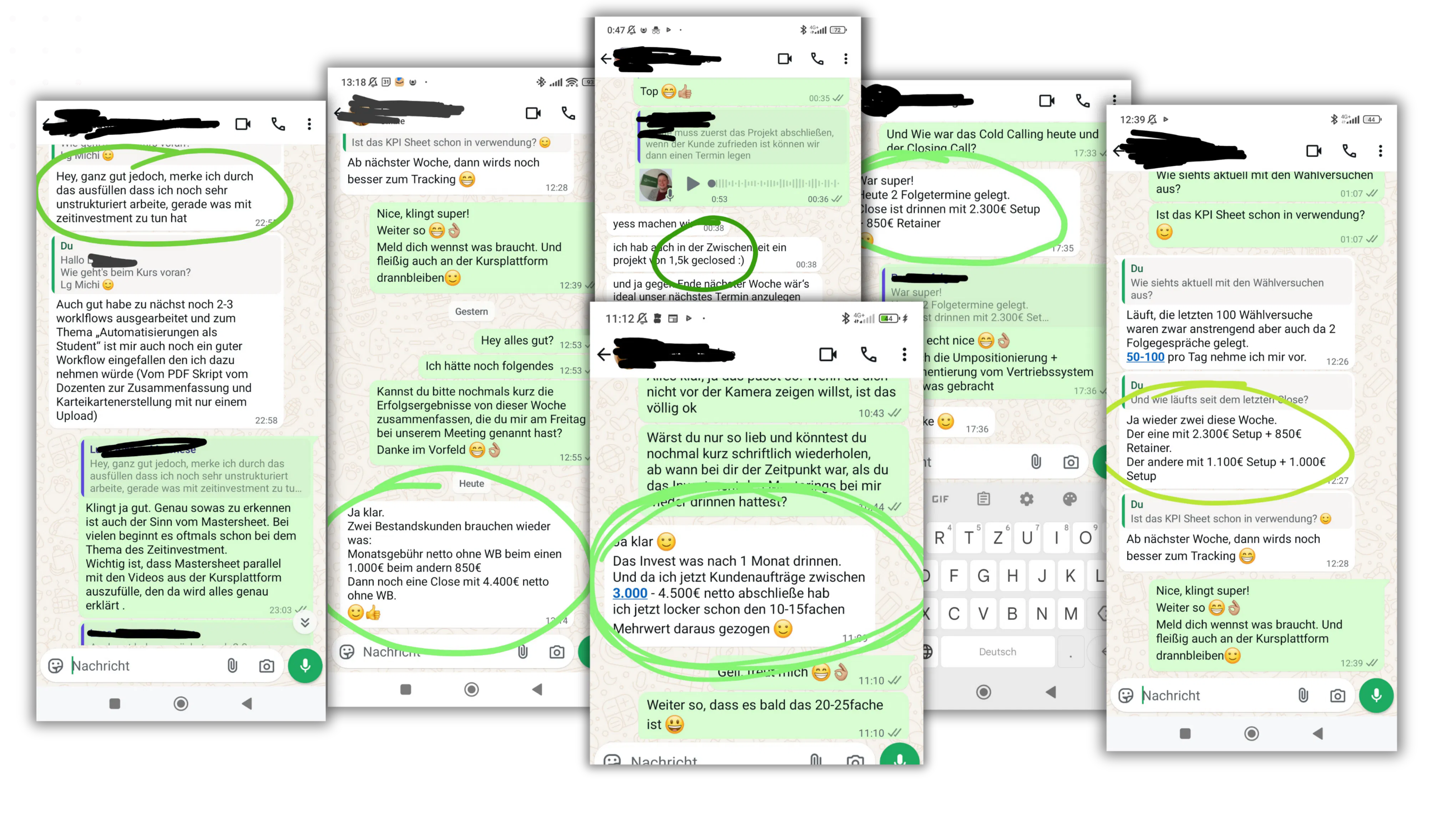 Mehrere WhatsApp-Chatverläufe auf Deutsch, in denen Nutzer über Arbeitsfortschritte, KPI-Tracking, Verkaufsabschlüsse und Umsatzzahlen sprechen; mehrere Textstellen sind grün markiert.