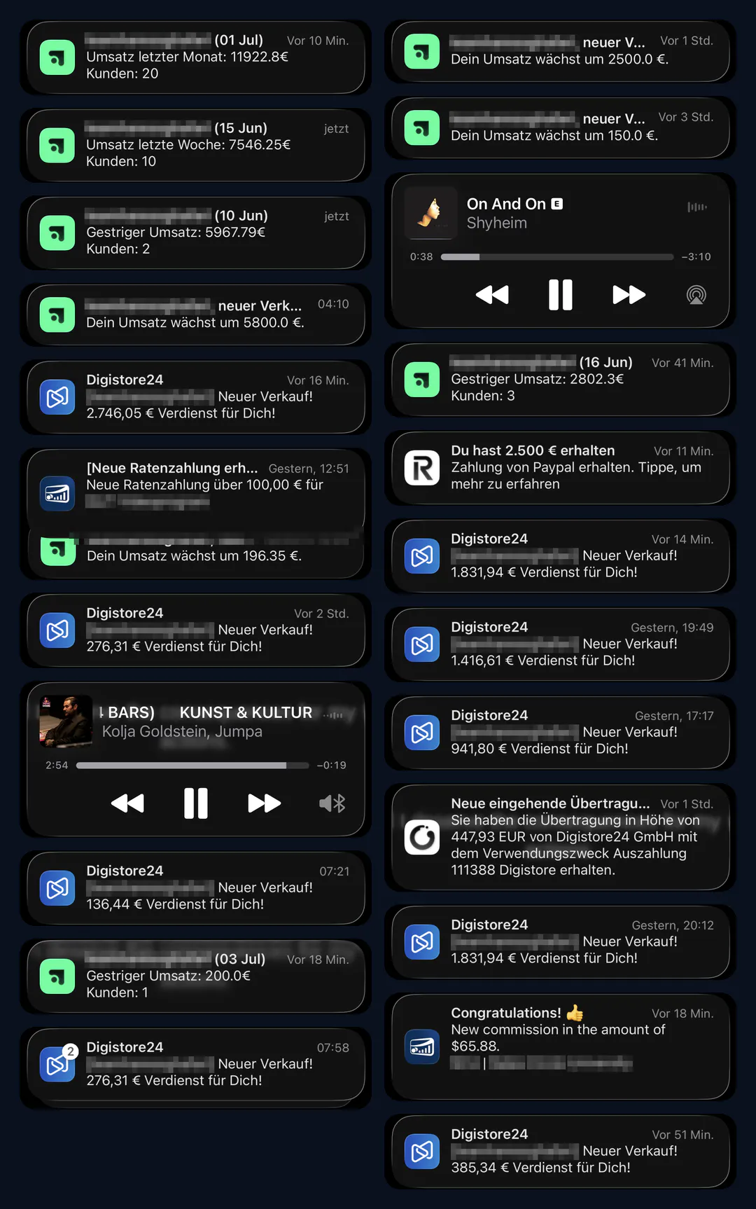 Notifications showing multiple sales earnings and revenue updates in euros from various dates, including payout confirmations, and two music player widgets with songs by Shyheim and Kolja Goldstein.