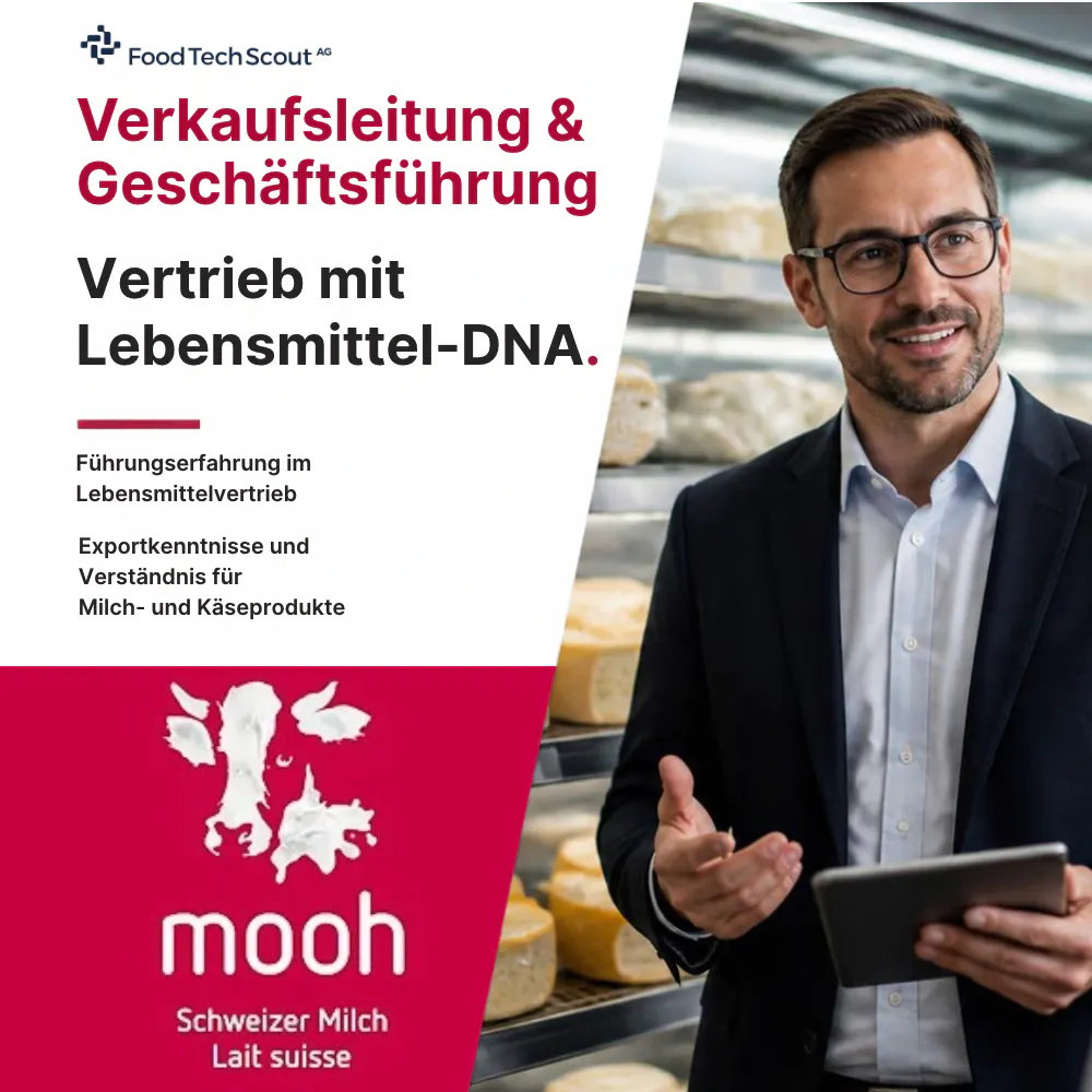 Man in a suit and glasses holding a tablet, standing in front of shelves with cheese wheels, alongside German text about sales management and expertise in dairy products.