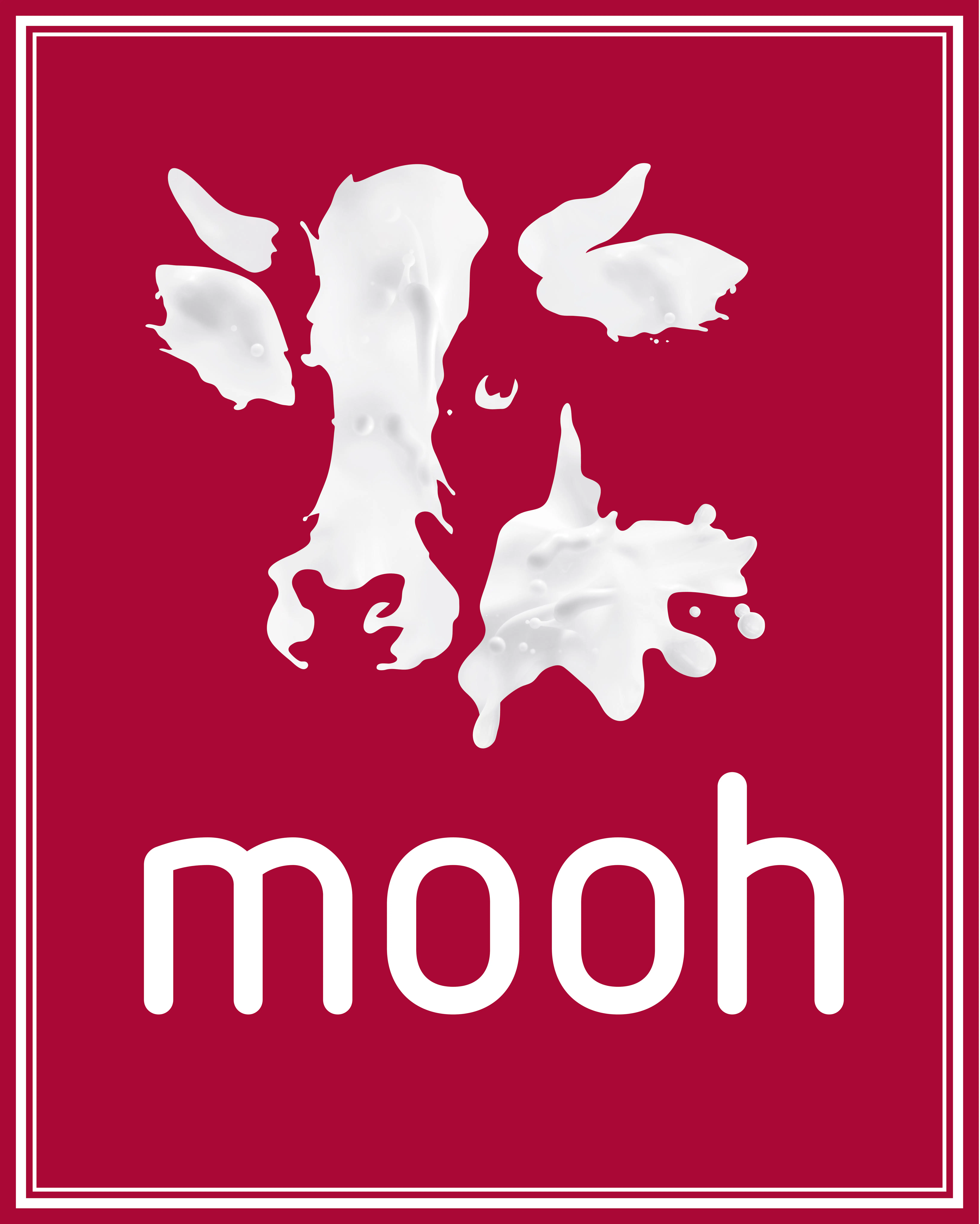 Cow face made from milk splashes above the word "mooh" in lowercase on a red background with a white double border.
