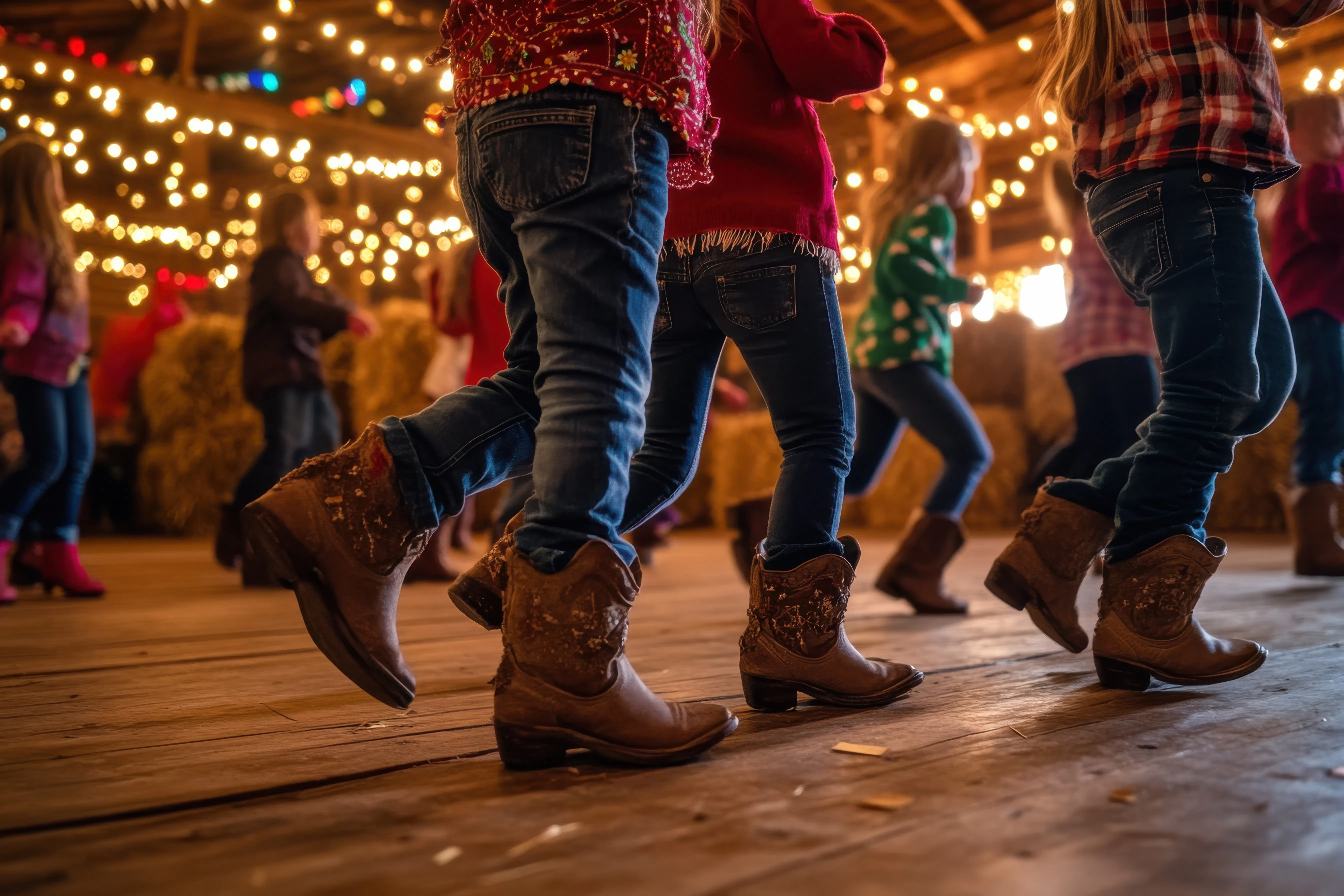 Kinder tragen Cowboy-Stiefel und Jeans, tanzen in einem festlich beleuchteten Raum mit Holzfußboden und Strohballen im Hintergrund.