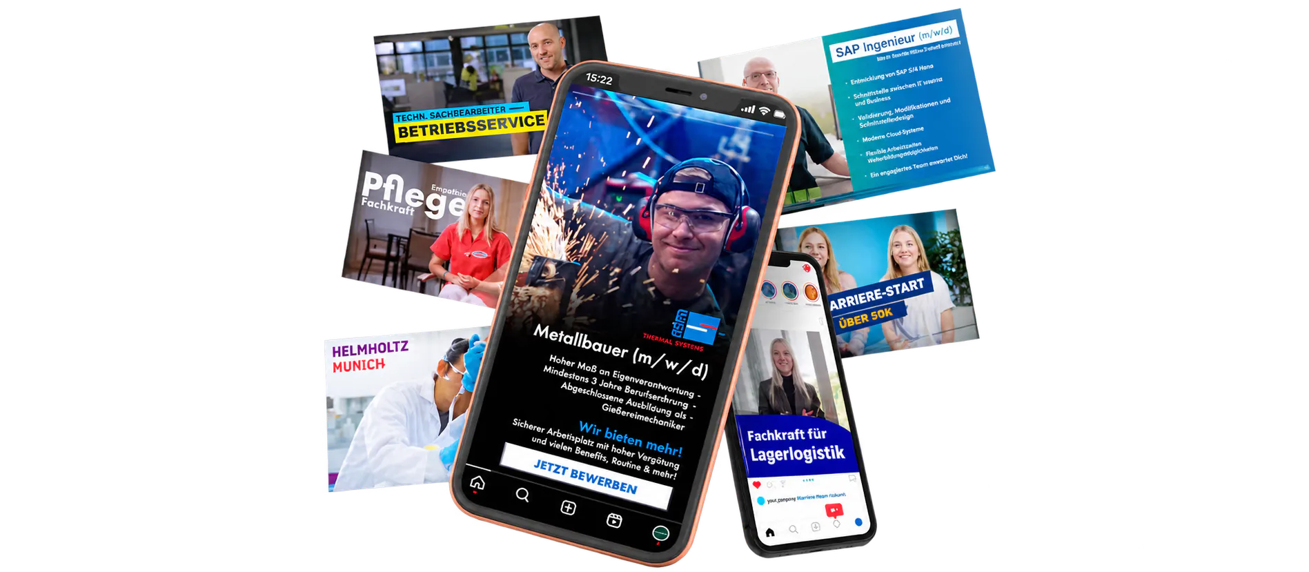 Smartphone screens display job advertisements in German for various professions including metalworker, SAP engineer, caregiving specialist, technical service worker, and warehouse logistics specialist