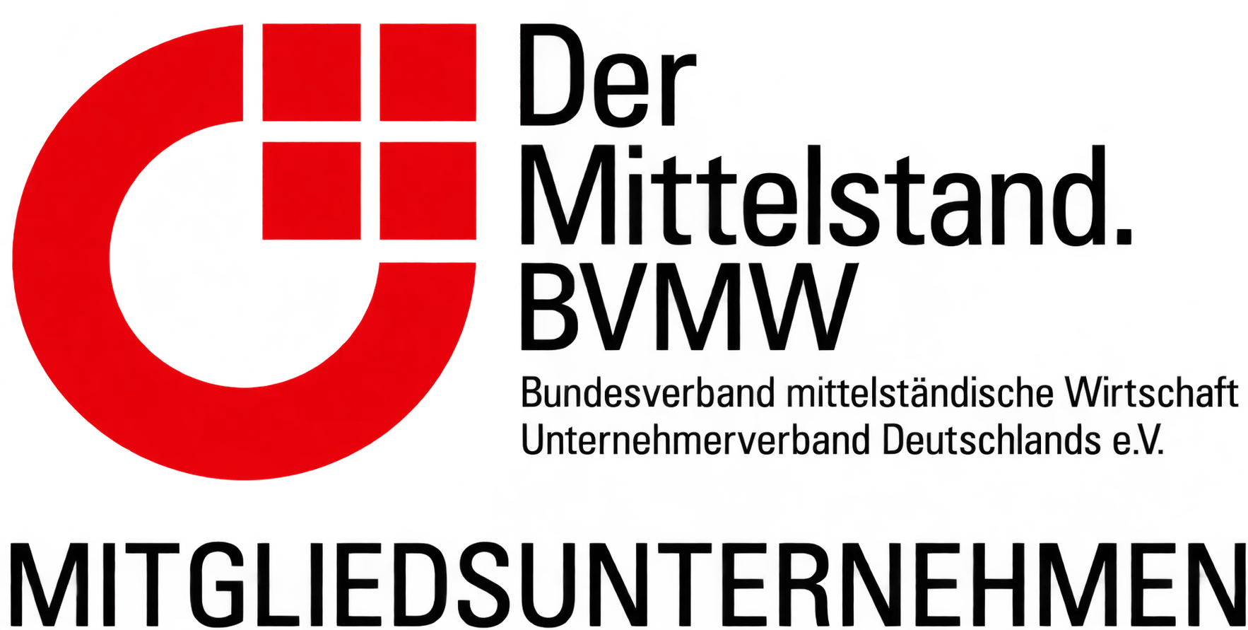Rotes Logo und schwarz geschriebener Text „Der Mittelstand. BVMW Bundesverband mittelständische Wirtschaft Unternehmerverband Deutschlands e.V.“ mit großem Schriftzug „MITGLIEDSUNTERNEHMEN“ darunter.