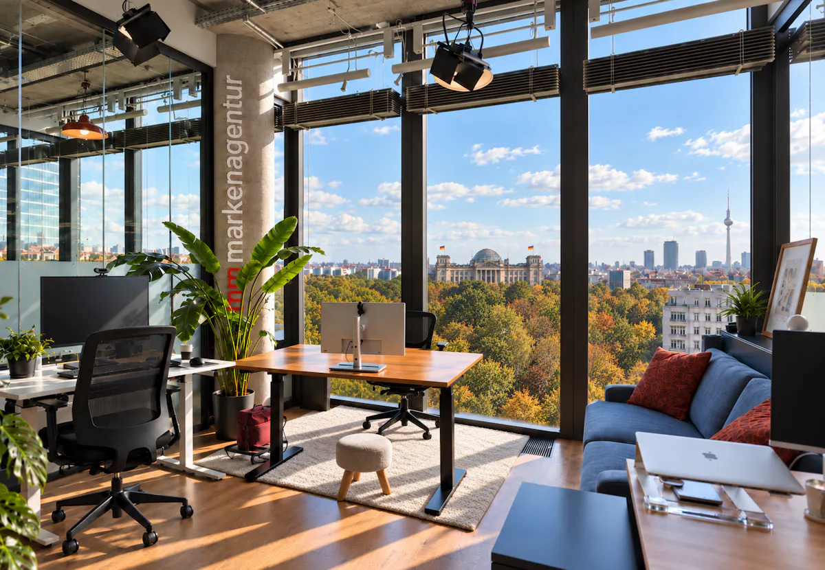 Büro der mm markenagentur mit Blick auf den Reichstag und den Berliner Fernsehturm.