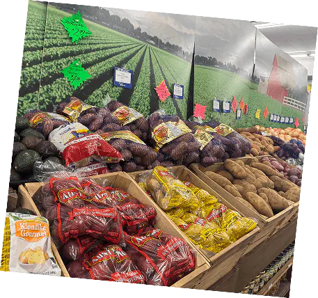 Potato and produce display at Larry's Foodland
